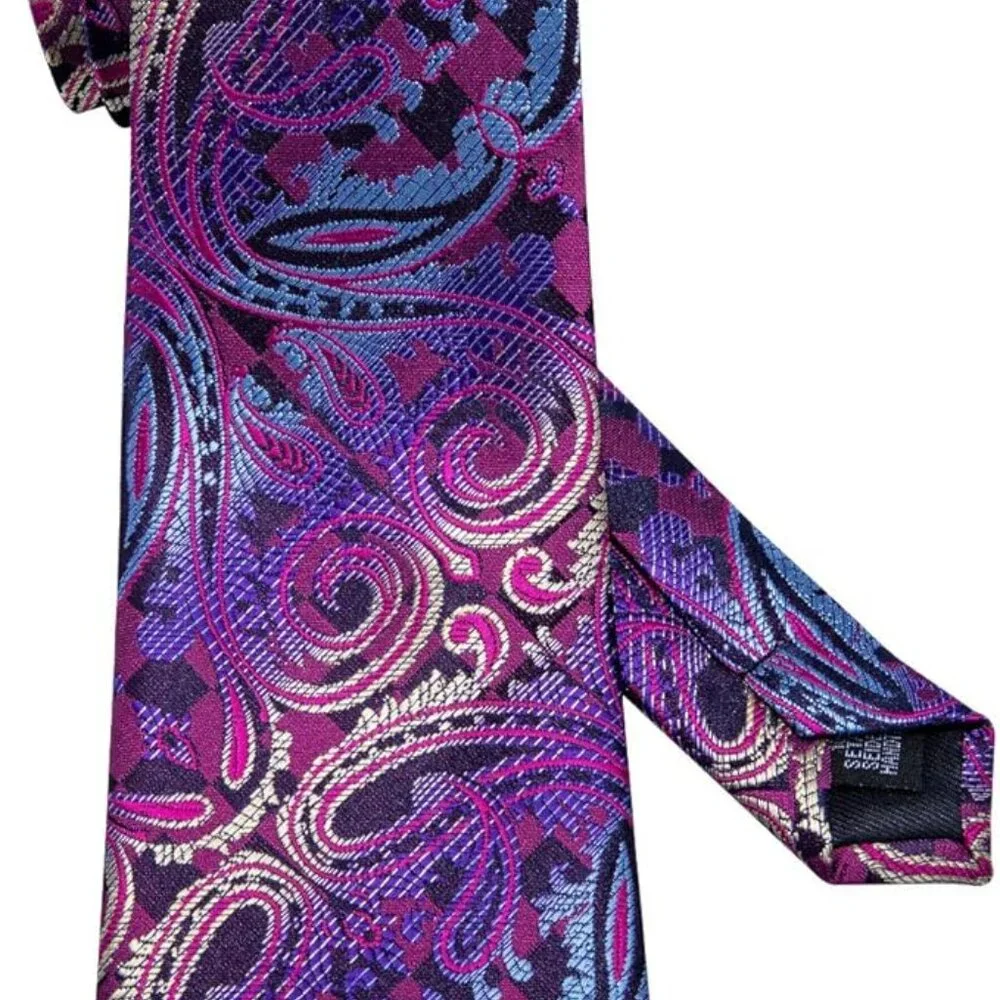SILK Paisley Necktie And Pocket Square Cufflinks Set Purple